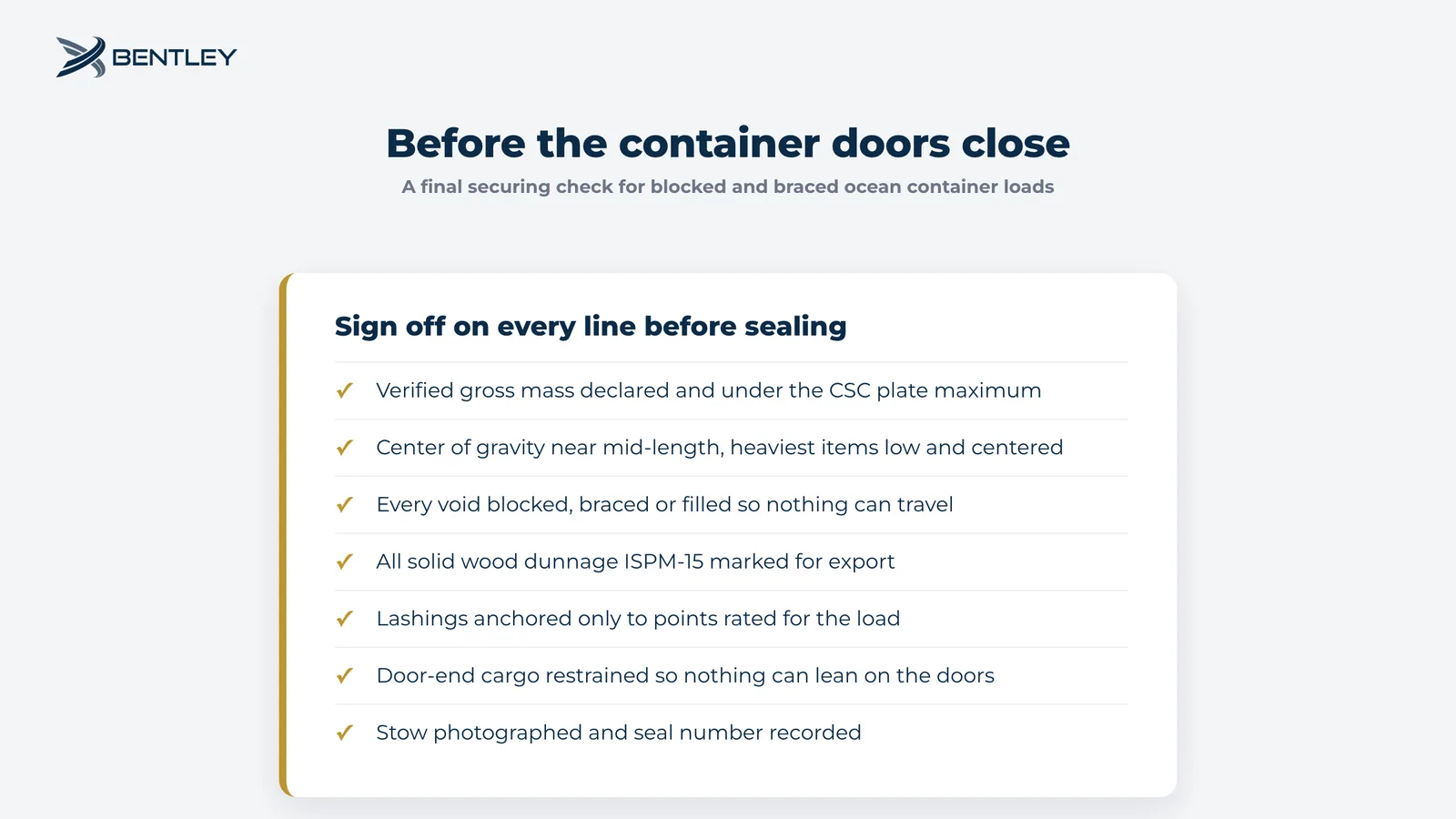 Container blocking and bracing checklist to complete before the doors close on an ocean container load