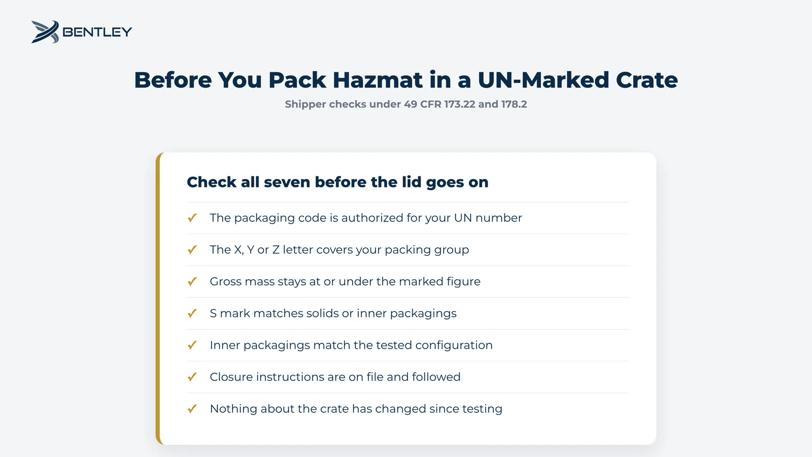 Seven-point checklist a shipper runs before packing hazardous materials in a UN certified wood crate